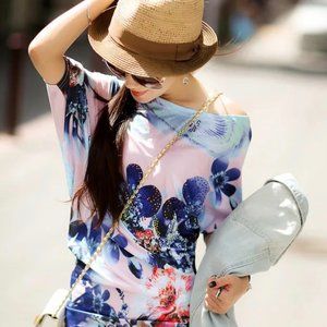 Floral Oblique Shoulder Party Dress
